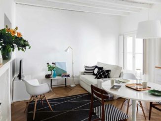 Mini appartement de deux pièces de 45 mètres carrés avec poutres apparentes en blanc