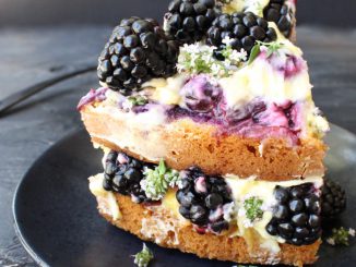 Italian Lemon Olive Oil Cake with Lemon Curd Mascarpone Filling, Topped with Fresh Blackberries and Thyme Blossoms