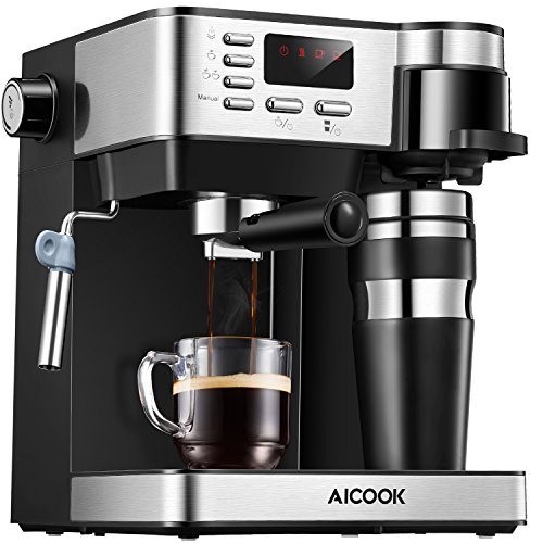 Machine à expresso et à café AICOOK, combinaison 3 en 1 machine à expresso à 15 bars et cafetière à portion individuelle avec tasse à café, mousseur à lait pour cappuccino et latte, noir
