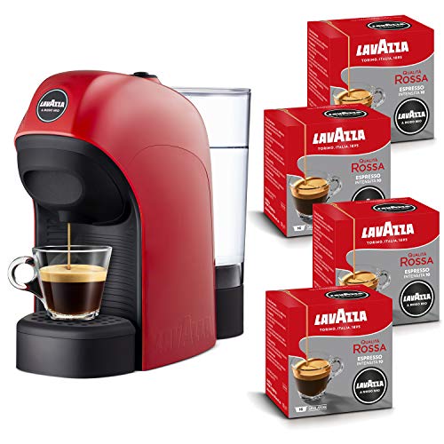 Lavazza A Modo Mio, Petite machine à expresso avec 64 capsules de qualité rouge incluses, Machine à capsules pour un café à la maison comme au bar, 1450 W, 0,75 litre, couleur rouge