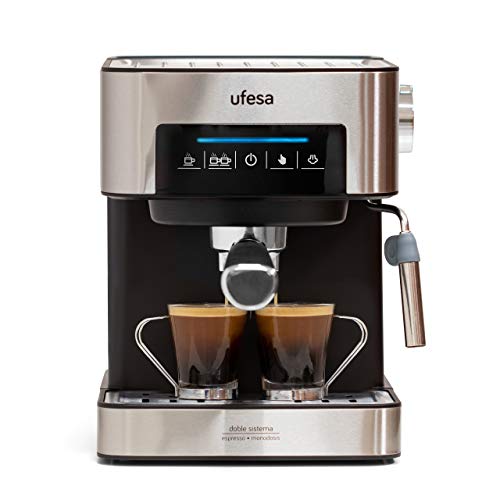 Machine à expresso Ufesa Ce7255 Deux fonctions: machine à café à dosette, machine à café moulu, écran tactile, vaporisateur réglable. Machine à café 20 bars, métal / noir