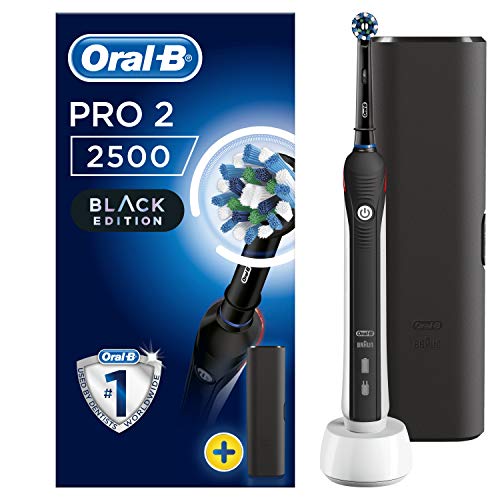 Brosse à dents électrique rechargeable Oral-B Pro 2 2500, 1 brosse à dents avec capteur de pression de brossage visible, 1 tête, 1 étui de voyage