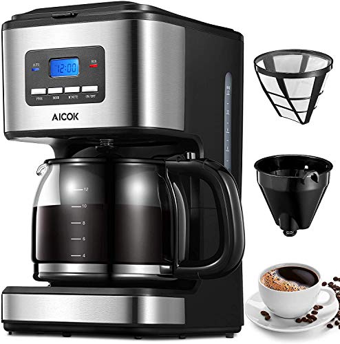 Machine à café Aicok, machine à café américaine de 1000 watts, cafetière américaine numérique automatique avec minuterie et affichage de 1,8 L, filtres à café américains pour thé et café, acier inoxydable
