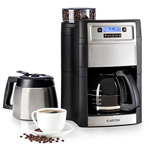KLARSTEIN Aromatica II Duo - Machine à café avec moulin, Pichet en verre: 1,25 L, Thermos: 1,25 L, 1000 W, avec filtre, Récipient à grains 150 g, Minuterie 24 heures, Argent