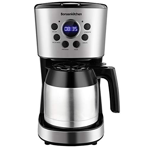Macchina Caffe, Bonsenkitchen Macchina Caffe Americano, Programmabile Caffettiera con Timer, 1.5 L, Filtro Permanente per Tè e Caffe, Acciaio Inox , Funzione Antigoccia, Spegnimento Automatico