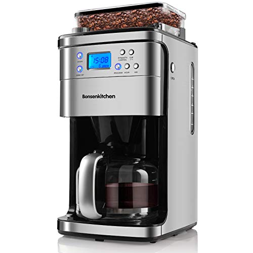 Bonsenkitchen CM8005 Machine à café super automatique du grain à la tasse, Moulin à café réglable, Minuterie réglable, Jusqu'à 12 tasses, Affichage LED, 1000 W, Acier inoxydable, Argent