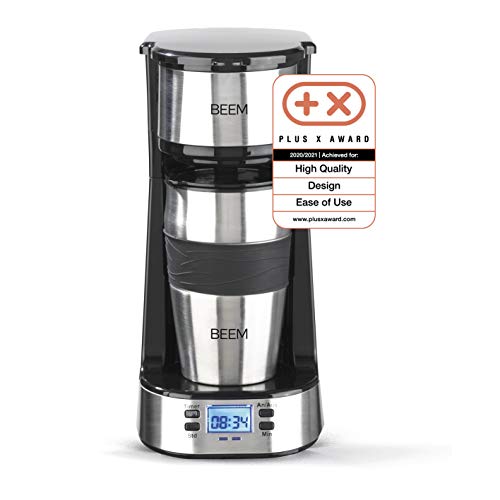 BEEM THERMO 2 GO Caffettiera con filtro per 1 tazza - Thermo | Include tazza da asporto da 0,4 l e filtro permanente | timer 24 ore, 750 Watt (Acciaio inossidabile)