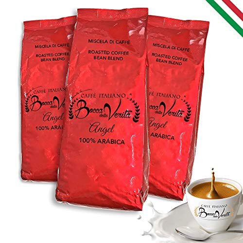 BOCCA DELLA VERITA - Grains de café italiens, arôme 100% ARABICA ANGEL, 3 sacs de 1 kg, café torréfié naturellement 100% fabriqué en Italie, certifié Rainforest et UTZ