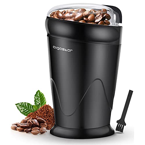 Aigostar Breath 30CFR - Moulin à café électrique à double contact avec lames en acier inoxydable, moulin pour grains de café, épices, noix et blé d'une capacité de 60g, 150 watts, sans BPA, noir.