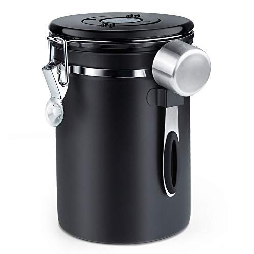Récipient à café hermétique ZWOOS - Pot à grains de café avec valve de CO2 - avec tasse à mesurer - 1,8 L (noir)