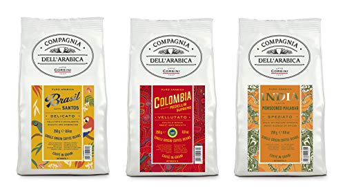 Corsini Caffè Compagnia dell Arabica Tris Caffè Brasile Colombia India 100% Arabica Caffè Torrefatto in Grani Tris Monorigine - Pacco da 3 x 250 g