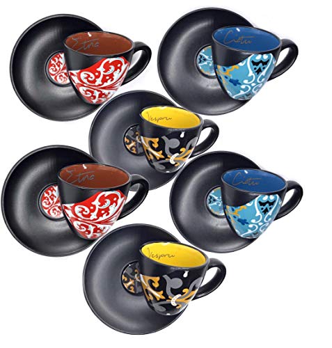 Subbizzu® Excellence 6 tasses à café particulières de Caltagirone Sicile Service en céramique colorée avec 6 soucoupes Design sicilien Espresso Vintage Coffee Cup Moka Gift