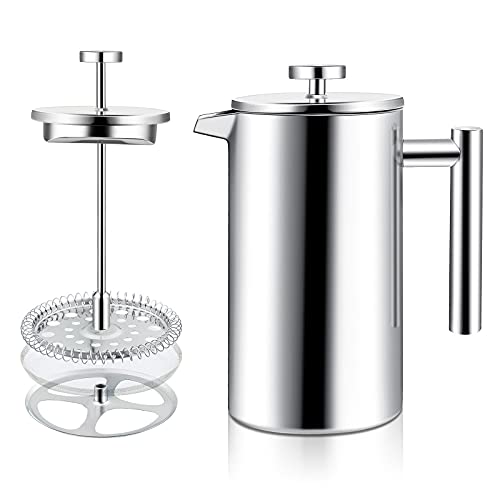 ZOEON French Press 1 L, Cafetière 8 Tasses, Cafetière et Théière à Plongeur en Acier Inoxydable, Cafetière Presse Filtre avec Filtres de Rechange, Argent