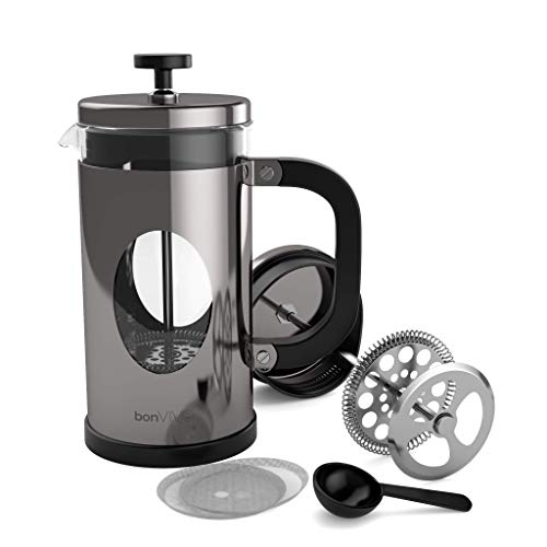 BonVIVO GAZETARO I Cafetière à Presse Française (Machine à Café Pressofilter) Design En Acier Inoxydable et Verre. Cafetière française (presse française) avec finition argentée et filtres. Capacité : 1l 1000ml