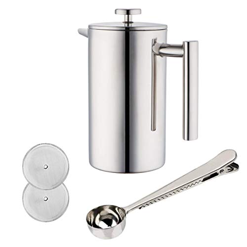 JZK Silver French Press Press Filter Steel 350ml Cafetière en acier inoxydable Presse + 2 x filtres supplémentaires + 1 x tasse à mesurer pour bureau à domicile ou restaurant