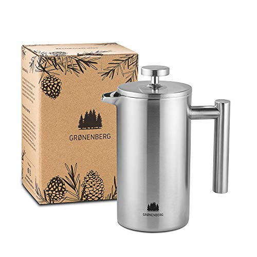 Presse française Groenenberg 600 ml (3 tasses) l Cafetière française en acier inoxydable l Cafetière à piston l Cafetière à filtre presse avec filtres de rechange l Maintient le café au chaud