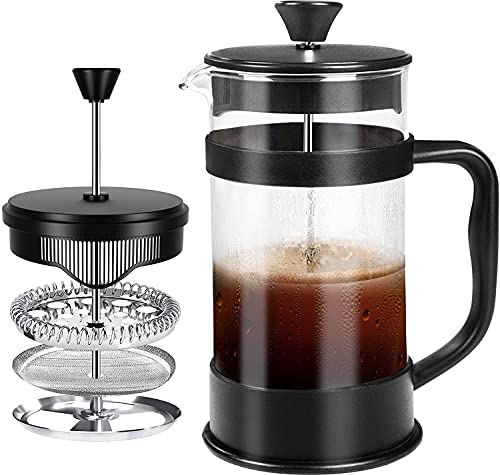 KICHLY - 1 litre 1000 ml (8 tasses) Cafetière presse-filtre (French Press) - Espresso et théière à triple filtres - Verre résistant à la chaleur (Nègre)