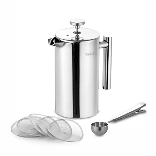 Velaze Piston Cafetière Presse Française Acier Inoxydable Acier Inoxydable Presse Double Paroi Cafetière Presse Café Française Machine à Café avec Filtre Argent, 6-8 Tasses, 1 L