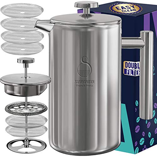 Cafetière à pression française Cafetière en acier inoxydable 34 oz à double paroi isolée en métal avec système de filtre à 4 niveaux, va au lave-vaisselle (1L)