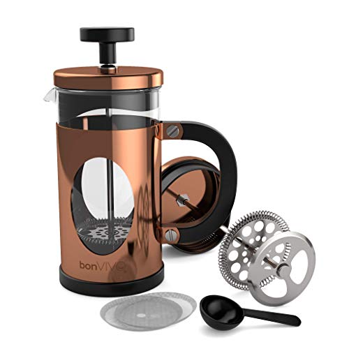 BonVIVO GAZETARO I Cafetière à Presse Française (Machine à Café Pressofilter) Design En Acier Inoxydable et Verre. Cafetière française (presse française) avec finition en cuivre et filtres. Capacité: 0.35l 350ml