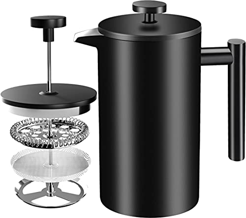 KICHLY Acciaio Inossidabile Stampa Francese - Doppia Parete 32oz caffè Stampa - Acciaio Inossidabile Plunger caffè e tè Maker (Nero)