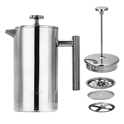Etime Caffettiera Francese Pressofiltro 8 Tazze Caffettiera a Pistone French Press 1 Litro Caffettiera a Pressione Manuale con Filtro Riutilizzabile in Acciaio Inox