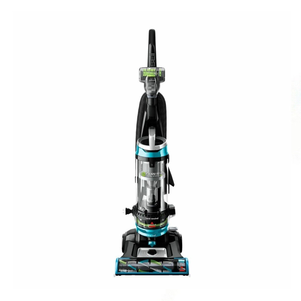 Aspirateur vertical Bissell CleanView® Swivel Rewind Pet bleu et noir sur fond blanc