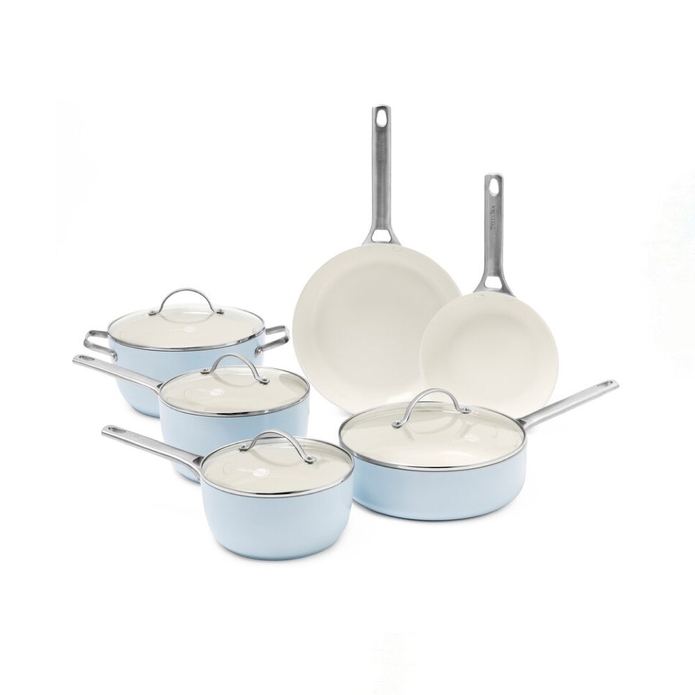 Ensemble de 10 ustensiles de cuisine antiadhésifs en aluminium anodisé dur GreenPan Padova bleu et blanc sur fond blanc