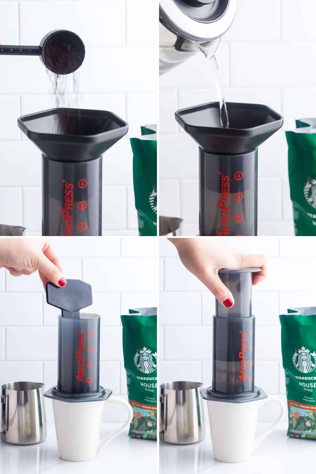 un collage de quatre images montrant étape par étape comment faire du café avec une cafetière aeropress