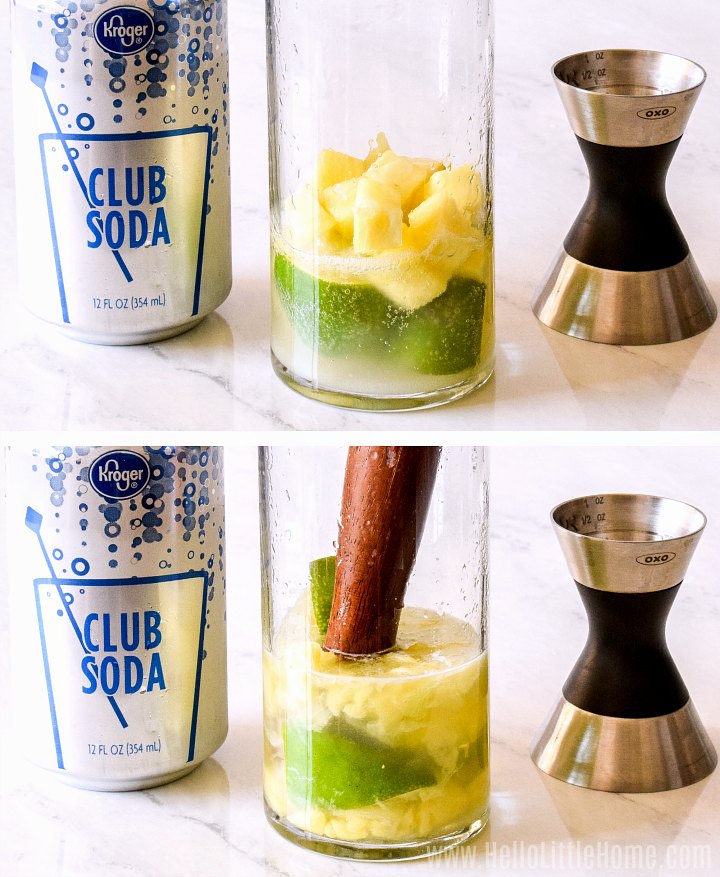 Un collage de photos montrant comment mélanger l'ananas, le sucre et le citron vert.