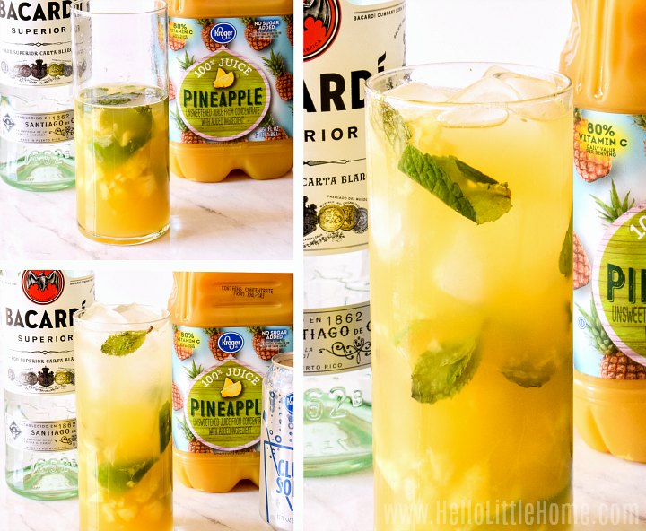 Un collage de photos montrant comment ajouter du rhum et du jus d'ananas à boire.
