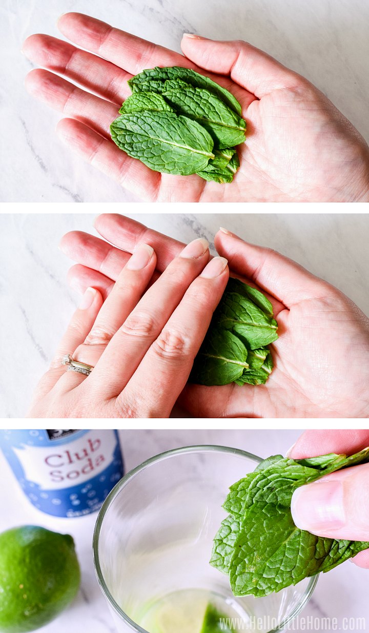 Un collage de photos montrant une main meurtrir la menthe, puis l'ajouter au verre à cocktail.