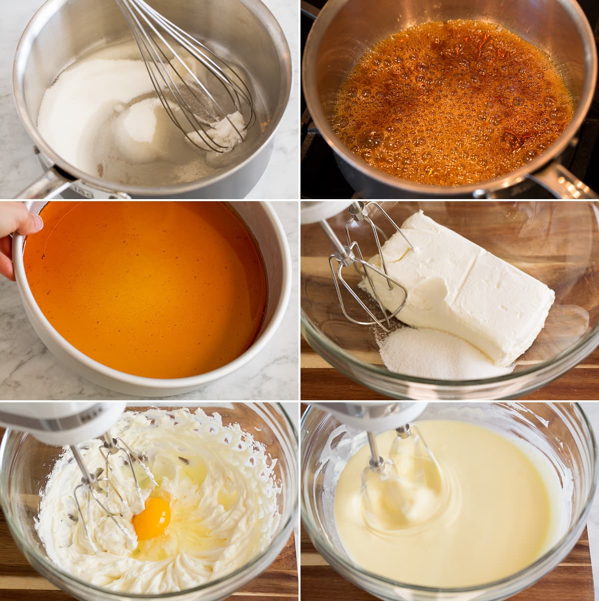 Recette de flans Collage de six images montrant les étapes pour faire du flan au caramel dans une casserole, verser dans un moule à gâteau et commencer à faire du flan dans un bol en verre.