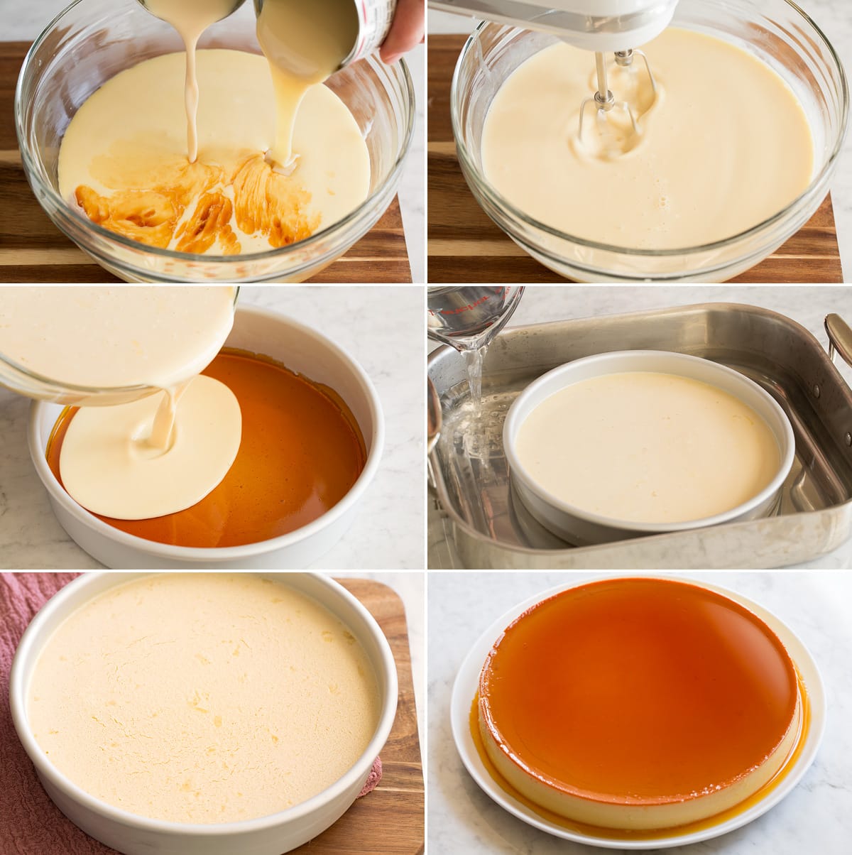 Recette de flans Collage de six images montrant les étapes continues de fabrication du remplissage de flan, de le verser dans une casserole sur une couche de caramel et de le placer dans un bain-marie. Ensuite, le flan est montré après la cuisson et inversé.