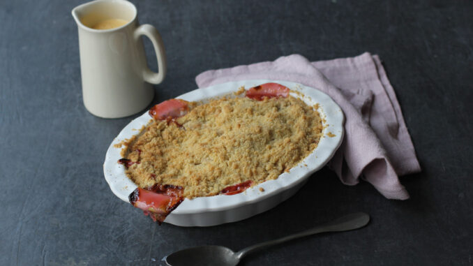 rhubarb crumble with custard on the side