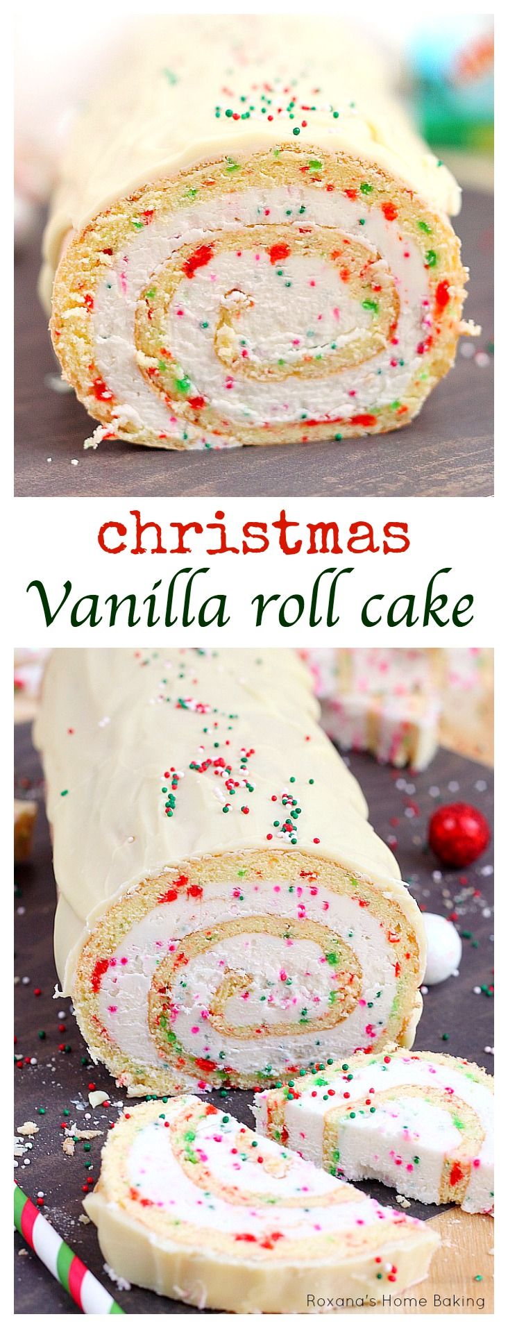 Un simple gâteau roulé à la vanille avec des points rouges et verts et des spirales de crème au beurre crémeuse est le dessert parfait pour les fêtes de Noël.