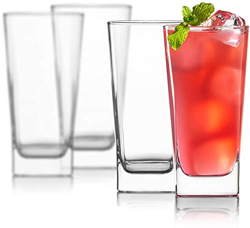 Verres Highball [Set of 4] + 4 pailles en acier inoxydable, verre transparent sans plomb de 16 oz, gobelets élégants pour eau, vin, bière, cocktails et boissons mélangées - Dessus rond, fond carré